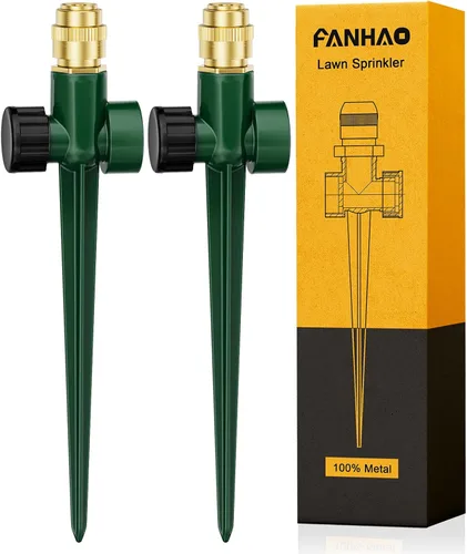 Miniatura 7 de FANHAO Aspersor de metal para patio, paquete de 2 rociadores automáticos de agua para jardín en base de punta, boquilla de rociador de latón Negro
