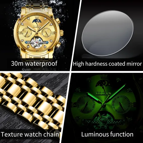 Miniatura 4 de OLEVS Relojes automáticos para hombre, impermeable, vestido de lujo, cuerda automática, esqueleto mecánico, tourbillon, fase lunar, acero