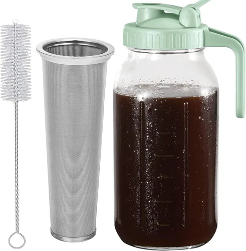 Miniatura 11 de Glyntrof Cafetera de Café Frío Jarra de Vidrio, Frasco Mason de 32 oz con Tapa con Asa y Pico Vertedor con Filtro de Acero Inoxidable para Café Gris