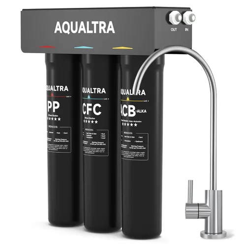 AQUALTRA USF-3F-15 Sistema de filtro ligeramente alcalino para debajo del fregadero, 8K-40K Gal con grifo, reduce PFOA, PFOS, cloro, plomo,