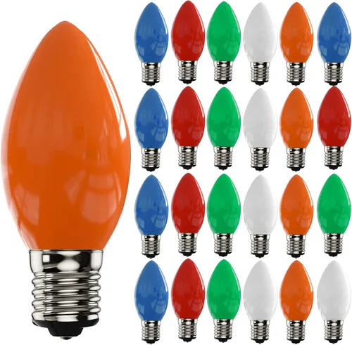 Miniatura 28 de Paquete de 25 bombillas LED transparentes C7, bombillas de repuesto de Navidad con base de candelabro E12, bombillas blancas cálidas inastillables