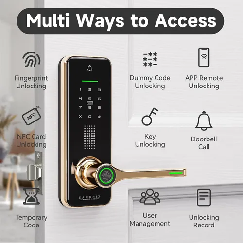 Miniatura 2 de Cerradura de puerta inteligente de huellas dactilares con asa, cerradura de entrada sin llave chapada en oro de alta calidad, teclado digital