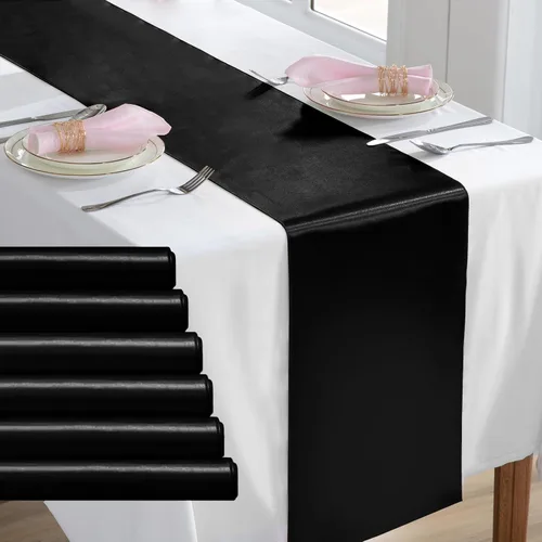 Miniatura 14 de Paquete de 2 caminos de mesa negros de 12 x 108 pulgadas, camino de mesa rectangular de seda satinada suave para bodas, banquetes, decoración