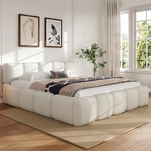 Miniatura 3 de Merax Cama de plataforma Boucle tamaño King con cabecero y estribo gruesos, marco de cama tapizado estilo bloque, color blanco