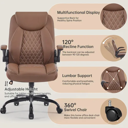 Miniatura 7 de YFO Silla ergonómica de cuero para oficina en casa, silla de oficina ejecutiva giratoria con soporte trasero con ruedas y reposabrazos abatibles