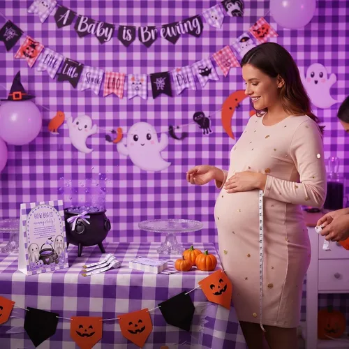 Miniatura 4 de Sinload Juego de 54 piezas con texto en inglés "A Baby Is Brewing Halloween" para baby shower, incluye cartel de pie con el vientre de mamá con 50