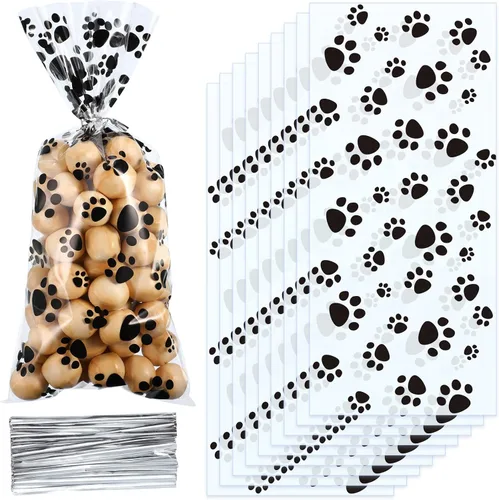 Blulu 100 bolsas de golosinas para perros, recuerdos de fiesta para cachorros, bolsas de celofán con cono de pata de mascota, dulces sellables por