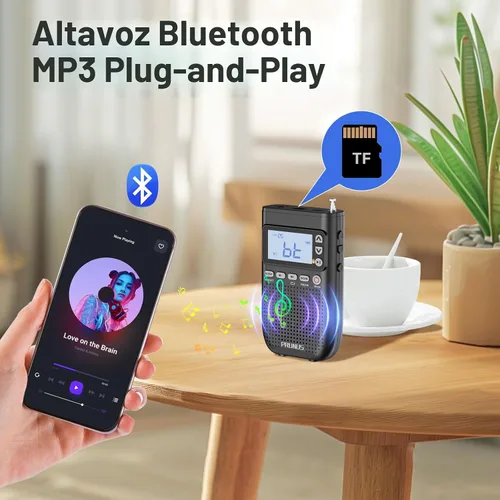 Miniatura 3 de PRUNUS J-618 Radio Portátil AM FM a Auriculares Bluetooth, como Altavoz Bluetooth, Radio Recargable 2000mAh, Preajuste, Reproducción Aleatoriza