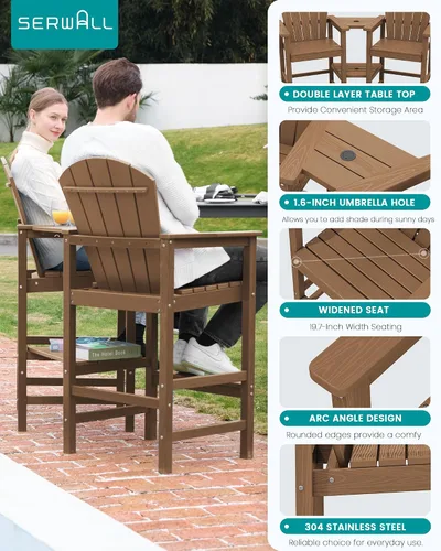 Miniatura 6 de SERWALL Juego de 2 sillas altas Adirondack con paraguas de 9 pies, sillas de exterior de altura de barra de HDPE, taburetes de bar Adirondack