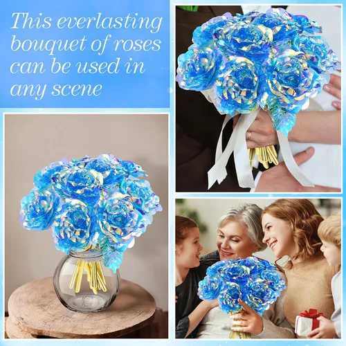 Miniatura 6 de Lyrow 12 rosas de galaxia con tallos, regalo para ella, rosa de cristal falsa preservada de 24 quilates para decoración de cumpleaños, boda, 10 Azul