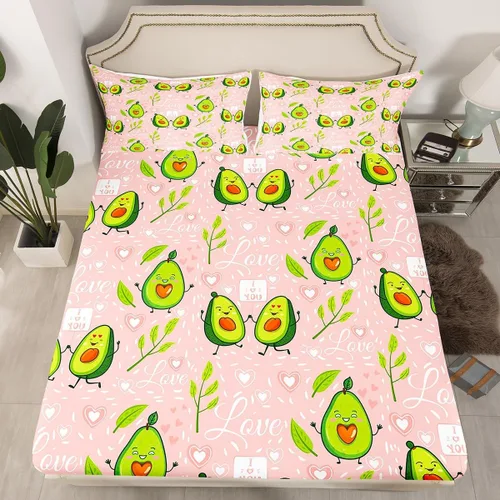 Miniatura 2 de Erosebridal Juego de sábanas de aguacate para niños y niñas, lindo juego de sábanas de dibujos animados de aguacate con corazón tamaño individual