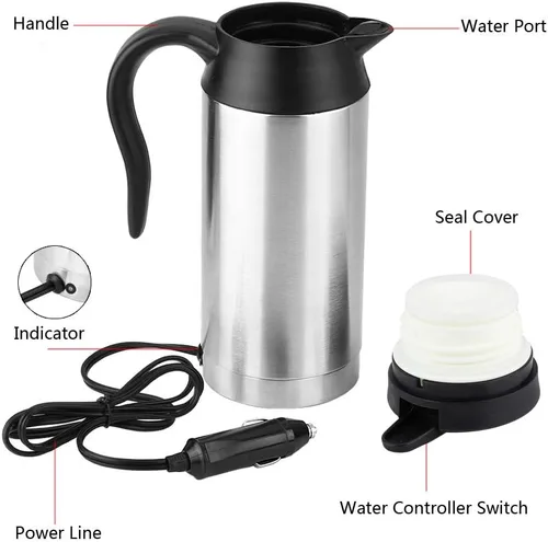 GOTOTOP Hervidor de agua de 12 V para coche, 25.4 fl oz, calefacción eléctrica, taza de viaje de acero inoxidable, taza de automóvil DC 12 V con