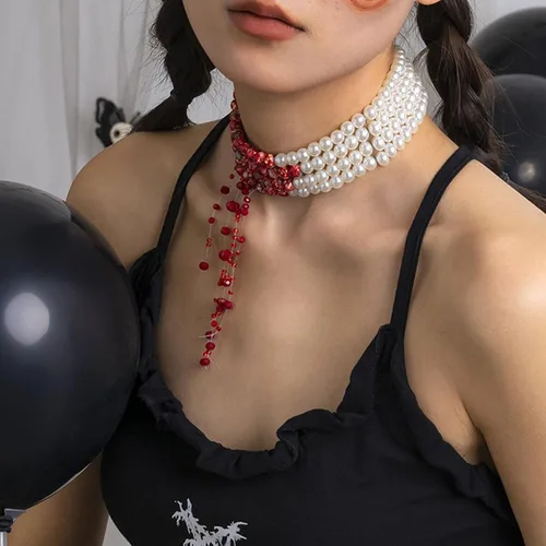 Miniatura 5 de Collar de perlas de sangre para mujer, collar de sangre para disfraz de vampiro, joyería de goteo, gargantilla de perlas, disfraz de fiesta