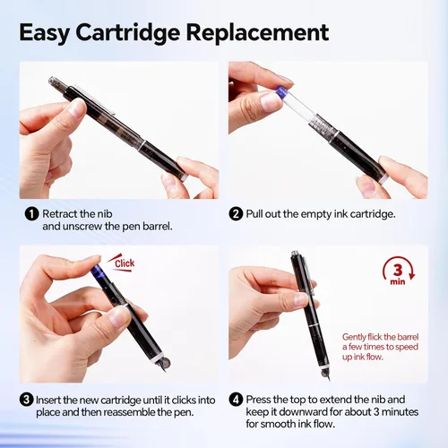 Miniatura 2 de WRITECH Clictek Pluma Estilográfica Retráctil: Plumín Medio Tinta Azul Barril Transparente Incluye 5 Cartuchos de Tinta Recargables, Escritura Suave
