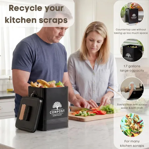 Miniatura 3 de PERFNIQUE Contenedor de compost de cocina, contenedor de compostaje para encimera de 1.7 galones con tapa, contenedor de compost interior incluye 2