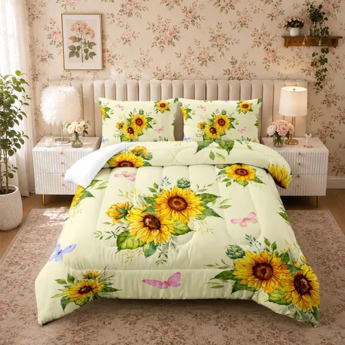 Miniatura 16 de Juego de edredón floral colorido de 3 piezas, juego de ropa de cama botánica bohemia tamaño queen, diseño boho de granja con flores y hojas impresas