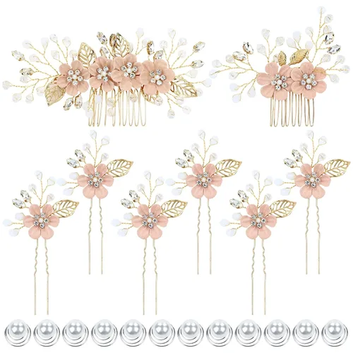 Miniatura 10 de Dizila 20 piezas de diamantes de imitación para novia, boda, fiesta, graduación, perlas, doradas, flores blancas, peines laterales