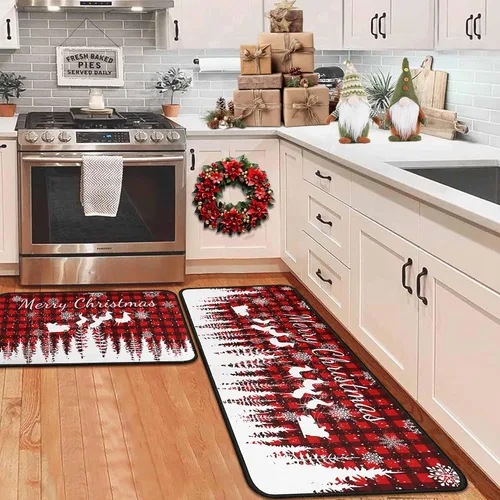Miniatura 13 de Alfombras de cocina de cuadros de búfalo con gnomos de árbol negros, juego de 2, Merry Christmas, decoración de piso de perfil bajo para fiestas