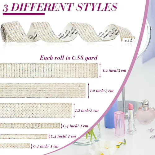 Miniatura 3 de WILLBOND Tiras de diamantes de imitación de perlas de 5.28 yardas de diamantes de imitación blancos autoadhesivos de imitación para bodas, fiestas