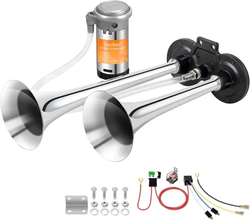 Kit de bocina de tren de 150DB para coche, Banhao súper ruidoso de doble tono cromado de zinc con bocina de doble trompeta con compresor para Bocina