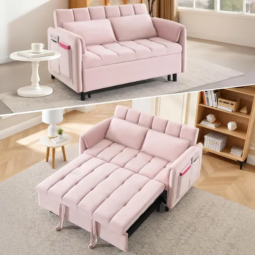 Miniatura 17 de CAPCAEK - Sofá cama convertible 3 en 1, sofá biplaza de terciopelo moderno con cama extraíble, sofá de salón pequeño con respaldo reclinable, negro