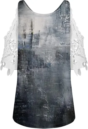Miniatura 4 de Womens Breathable Oil Painting Blouses Zipper V Neck Tops Cute Flowy 2023 Summer Lace Short Sleeve T Shirt