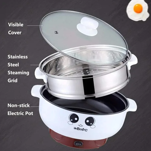 Miniatura 4 de Sartén eléctrica multifunción de 8 x 8 pulgadas con vaporizador de acero inoxidable 2 en 1 portátil, control de temperatura ajustable, fácil