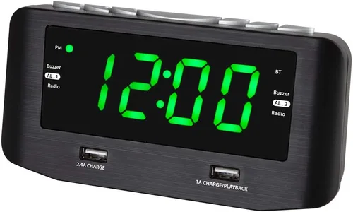 HANNLOMAX HX-146CR Radio despertador, radio FM PLL, alarma dual, pantalla LED verde de 1.2 pulgadas, Bluetooth, 1 puerto USB para carga de 2.4 A y 1