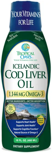 Tropical Oasis - Aceite de hígado de bacalao islandés | Máxima fuerza 1144 mg de aceite de pescado líquido natural omega-3 capturado en la