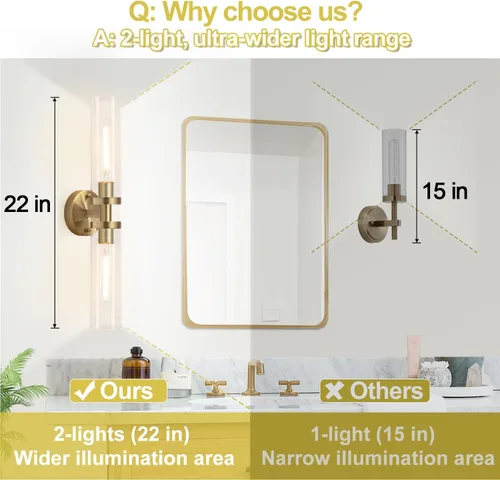 Miniatura 3 de Juego de 2 apliques de pared de latón con cable para baño, iluminación de pared con vidrio transparente, apliques modernos para decoración de pared