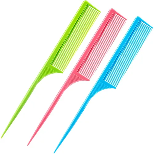 Miniatura 9 de Leinuosen Paquete de 3 peines de cola de rata, punta de separación de dientes finos para mujeres, fibra de carbono, resistente al calor