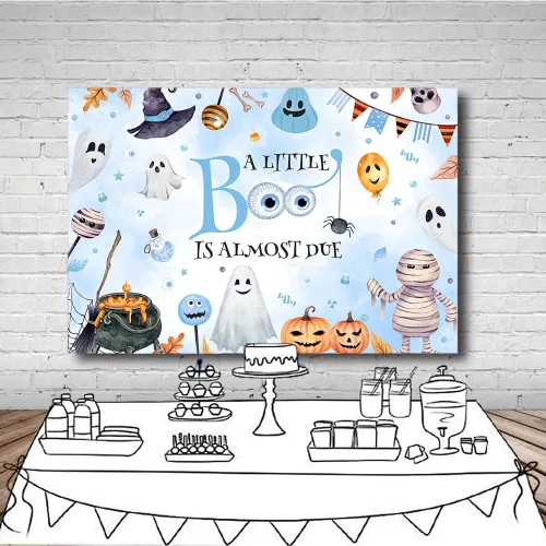 Miniatura 4 de MEHOFOND Telón de fondo de Halloween de 7 x 5 pies con texto en inglés "A Little Boo is Almost Due Pumpkin Photography Background Blue Watercolor