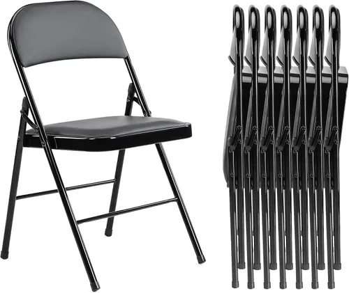 Miniatura 18 de Paquete de 2 sillas plegables, silla comercial apilable portátil, silla de cuero acolchada para interiores y exteriores con marco de metal Negro