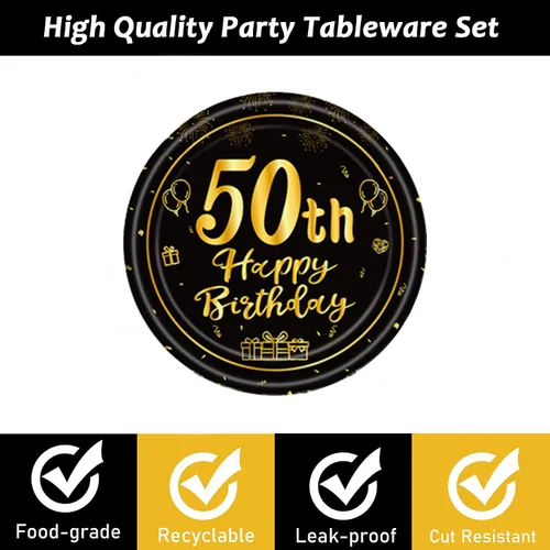 Miniatura 4 de Suministros de decoración de fiesta de cumpleaños número 50 para hombres y mujeres, incluye 16 platos, 20 servilletas, 1 mantel, 1 pancarta, 16