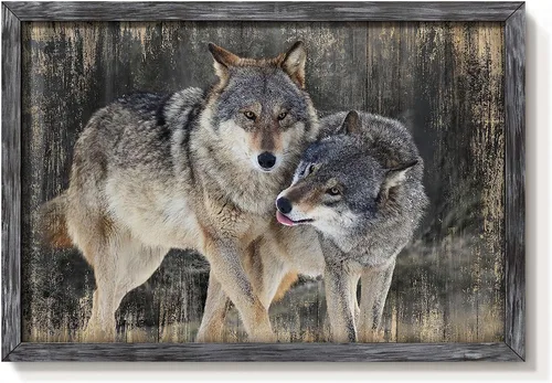 Miniatura 15 de Arte de Pared Enmarcado de Lobo: Pintura Moderna de Animales Salvajes de Madera Rústica Natural Imagen de Vida Silvestre Obra de Arte de Lobo Gris