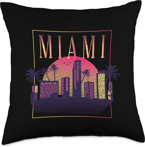 Miami Florida USA Skyline Silhouette Outline Sketch Throw Pillow