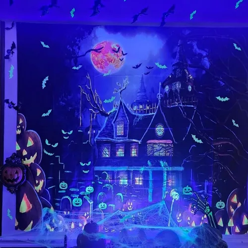 Miniatura 2 de OSVINO Blacklight - Tapiz de castillo de Halloween, 59 x 51 pulgadas, calabazas, murciélagos, cruces, telón de fondo, dormitorio, estético, hippie