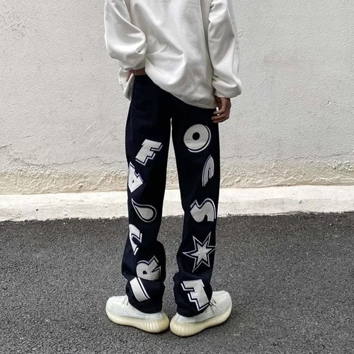 Miniatura 5 de Harajuku - Jeans para hombre con letras estampadas, rectos, holgados, para otoño e invierno, jeans engrosados, jeans góticos
