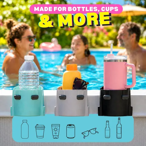 Miniatura 5 de Paquete de 2 portavasos junto a la piscina para piscinas cuadradas sobre el suelo, ajuste ajustable para bordes anchos, agarres de silicona Gris
