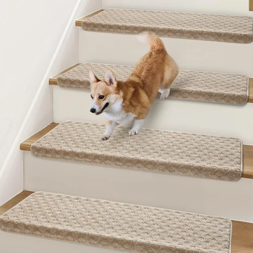Miniatura 14 de Peldaños Bullnose Antideslizantes 9.5" x 30", 2 Piezas Peldaños de Alfombra para Escalones de Madera Interior con Protección de Bordes, Alfombras