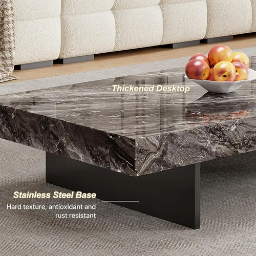 Miniatura 5 de Mesa auxiliar rectangular de mármol de 51.18 pulgadas, parte superior de piedra sinterizada gris moderna con base de metal negro, mesa central