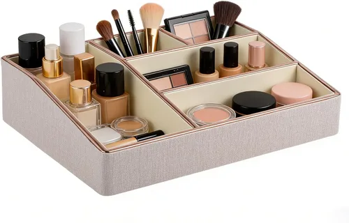Bandeja organizadora de maquillaje de piel sintética, organizador grande de tocador, caja de almacenamiento de cosméticos para pinceles de lápiz