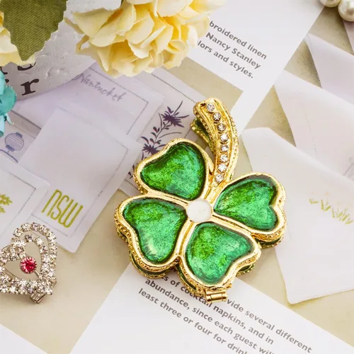 Miniatura 5 de YU FENG Cajas de baratijas de trébol de cuatro hojas con bisagras, esmaltadas con joyas, caja decorativa de flores para anillos coleccionable