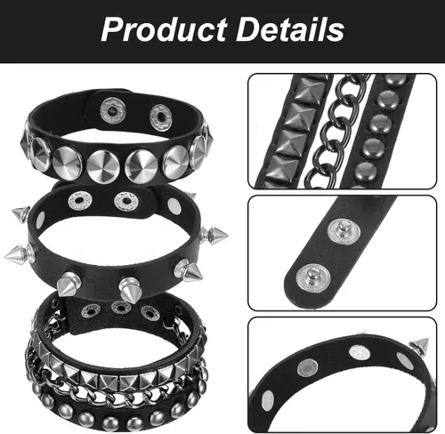 Miniatura 3 de Ptwola 3 pulseras de cuero punk rock con tachuelas, pulseras de joyería de cuero punk de los años 80, juego de pulseras góticas de los años 80