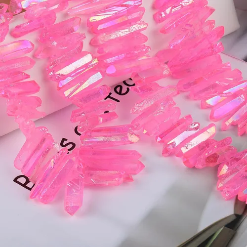 Miniatura 2 de TUMBEELLUWA Puntas de cristal de cuarzo para bisutería Cuentas de cristal de cuarzo con revestimiento de titanio pulidas o en bruto 15 pulgadas Rosa