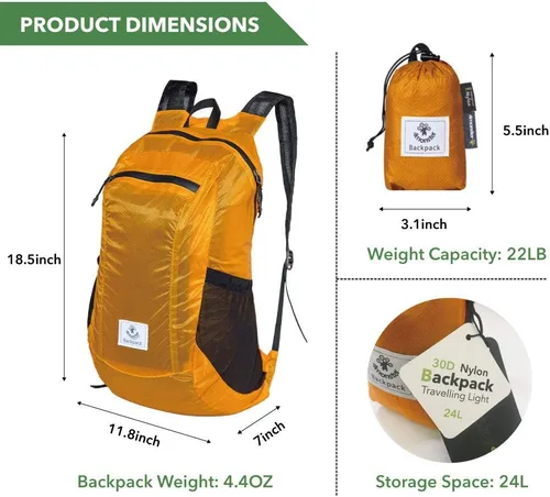 Miniatura 3 de Mochila 4Monster de excursionismo, de día, resistente al agua, ligera, plegable, para viajes, campamento, exteriores A-Naranja