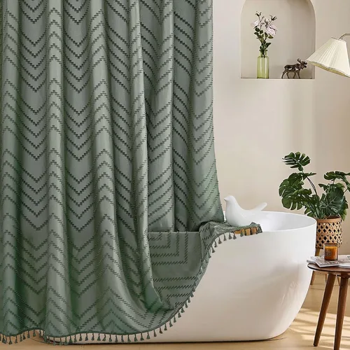 Miniatura 23 de Siiluminisoy Cortina de ducha estilo bohemio con borlas blancas, cortina de ducha tejida de 60 x 72, moderna, estilo rústico, texturizada, con A