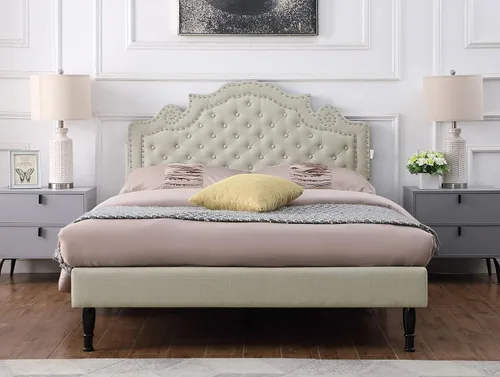 Miniatura 10 de Base de cama de plataforma tapizada tamaño Queen con cabecero ajustable de 47 pulgadas de alto, cama de lino copetuda con botones, soporte de Beige