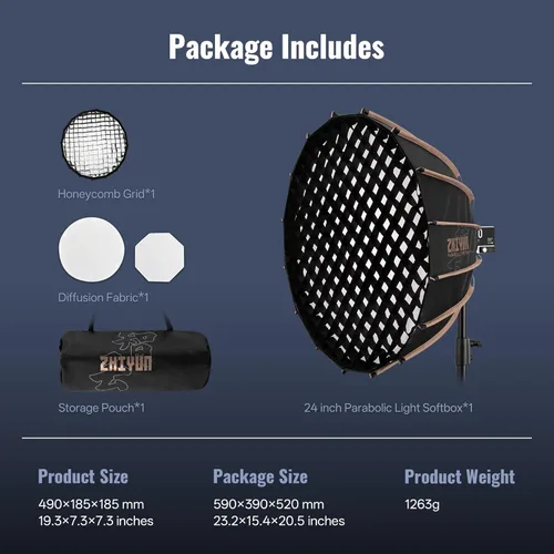 Miniatura 7 de ZHIYUN Softbox de Luz Parabólica 24 pulgadas/60cm Cúpula de Luz de Liberación Rápida, con Montura Bowens para Luz de Video ZHIYUN Molus G60 / X100