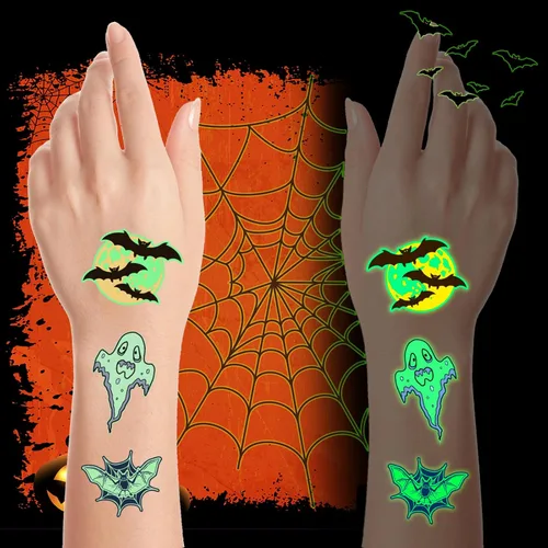 Para suministros de recuerdos de fiesta de Halloween, 102 tatuajes temporales que brillan en la oscuridad envueltos individualmente para niños,